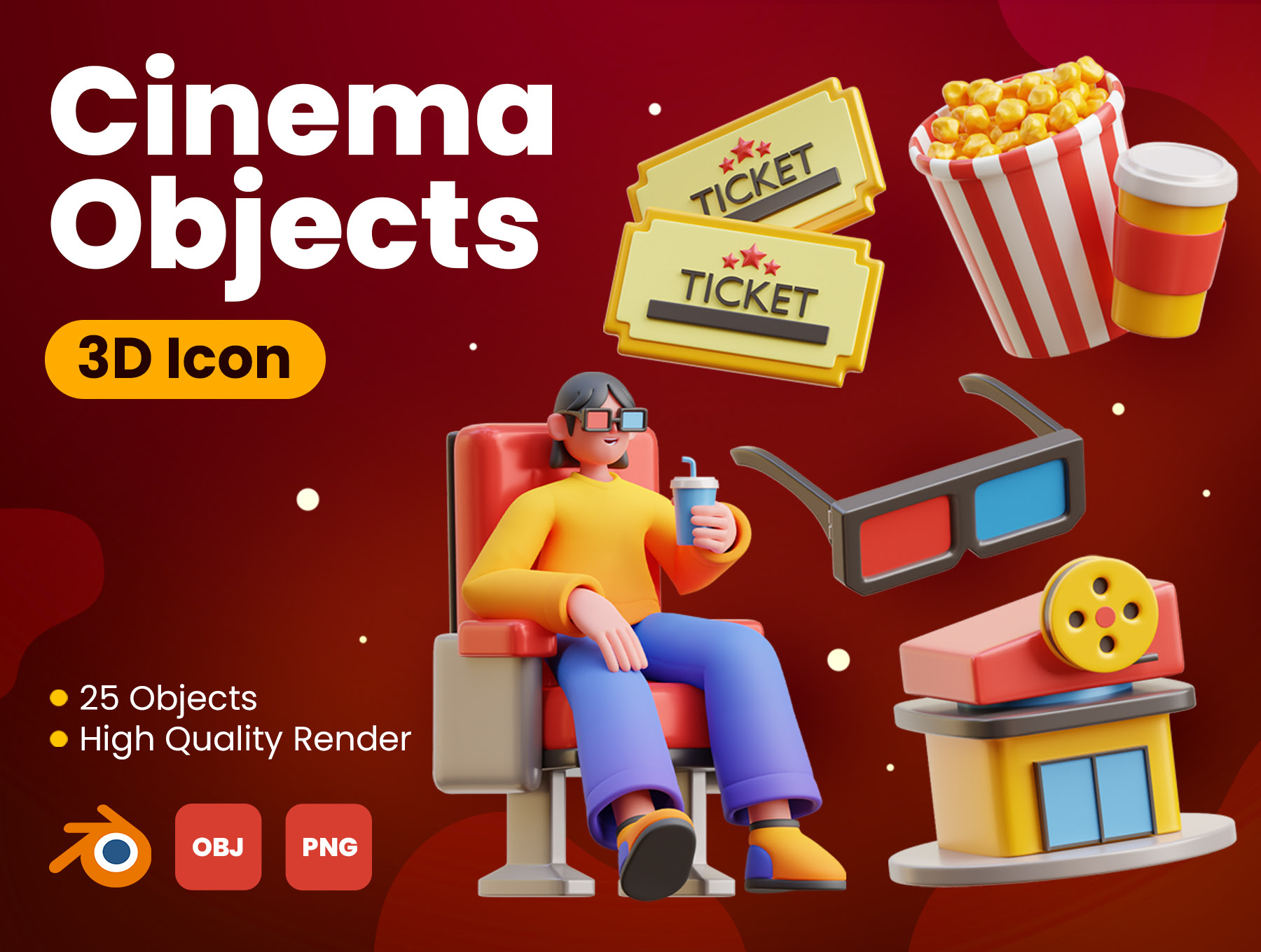 电影院3D图标 Cinema 3D Icons blender格式-插画-到位啦UI